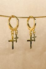 Brinco Argolinha Pequena Dupla Cruz Banhado Em Ouro 18k [F027] - Image 2