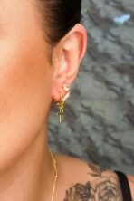 Brinco Argolinha Pequena Dupla Cruz Banhado Em Ouro 18k [F027]