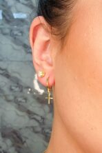Brinco Argolinha Com Cruz Banhado Em Ouro 18k [F027]