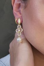 Brinco Grande De Fio Com Circulo Dourado E Pérola Banhado Em Ouro 18k [F027]