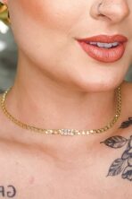 Choker De Corrente Chapada Com Zircônias Ao Centro Banhado Em Ouro 18k [F027]