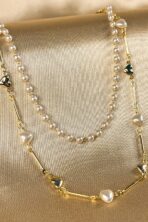 Colar Duplo Com Corrente De Pérola E Mini Corações Dourados Banhado Em Ouro 18k [F027] - Image 2