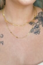 Colar Duplo Corrente Lisa Corrente Trabalhada Banhado Em Ouro 18k [F027]