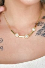 Colar Pérola E Retângulo Banhado Em Ouro 18k [F027]