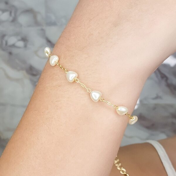 Pulseira De Coração De Pérola Banhado A Ouro 18k [F027]