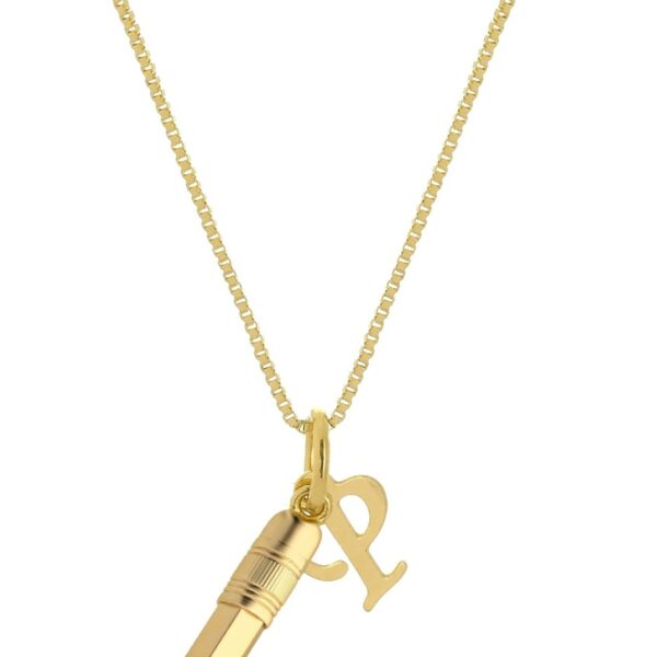Colar Personalizado Lápis E Inicial Do Nome Folheado Em Ouro 18k [F027]