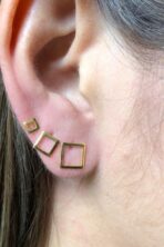 Trio De Brincos Quadrados Banhado Em Ouro 18k [F027]