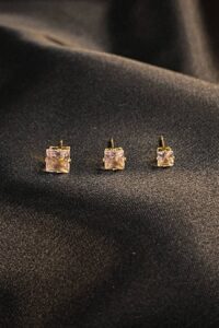 Trio Quadrado De Zircônia Rosa Claro Banhado Em Ouro 18k [F027] - Image 2