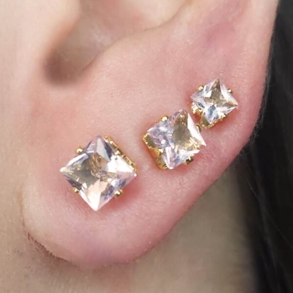 Trio Quadrado De Zircônia Rosa Claro Banhado Em Ouro 18k [F027]