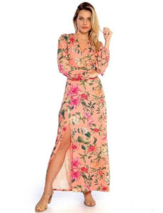 Vestido Longo Viscolycra Manga 3/4 Estampado Rosa [F081]