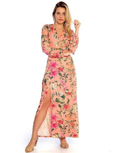 Vestido Longo Viscolycra Manga 3/4 Estampado Rosa [F081]