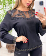 Blusa Crepe Tule No Peito Manga Longa [F081]