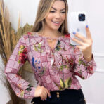 Blusa Chiffon Floral Gola Babado Manga Longa [F081]