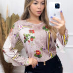Blusa Chiffon Floral Manga Longa Babado [F081]