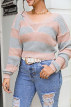 Blusa Tricot Manga Longa Gola V Listra [F081]