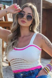 Cropped Tricot Modal Vazado Uma Listra [F081]