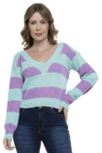 Blusa Tricot Manga Longa Gola V Listra [F081] - Image 5