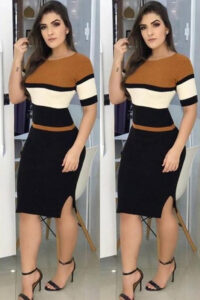 Vestido Midi Fenda Tricot Elastano Listrado [F081]
