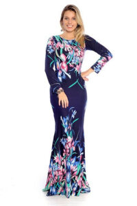 Vestido Longo Viscolycra Manga Longa Estampa [F081]