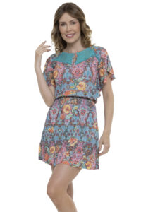 Vestido Curto Crepe Mangas Curtas Flok [F081]