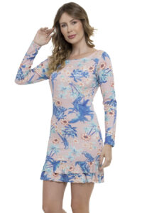 Vestido Curto Viscolycra Decotado Manga Longa Tropical Rosa-p [F081] - Image 2