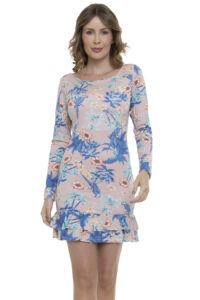 Vestido Curto Viscolycra Decotado Manga Longa Tropical Rosa-m [F081]