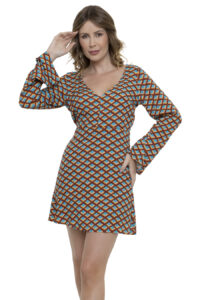 Vestido Curto Viscocrepe Manga Flare Botão Geométrico [F081]
