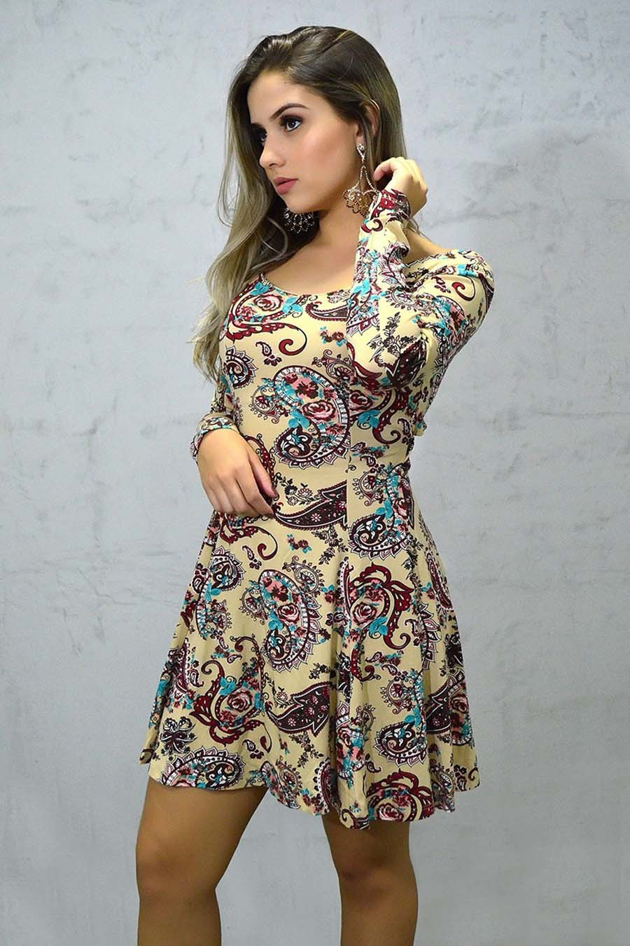 Vestido Curto Manga Longa Viscolycra Vazado Paisley [F081] - Image 1