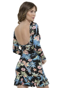 Vestido Curto Viscolycra Decotado Manga Longa Tropical [F081] - Image 3