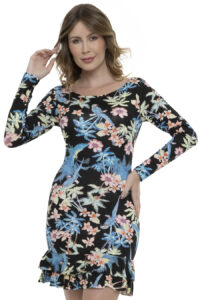 Vestido Curto Viscolycra Decotado Manga Longa Tropical [F081]