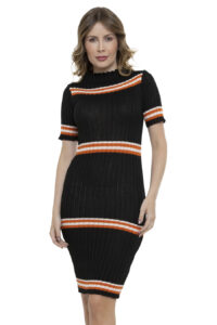 Vestido Midi Tricot Listras Gola Alta [F081]