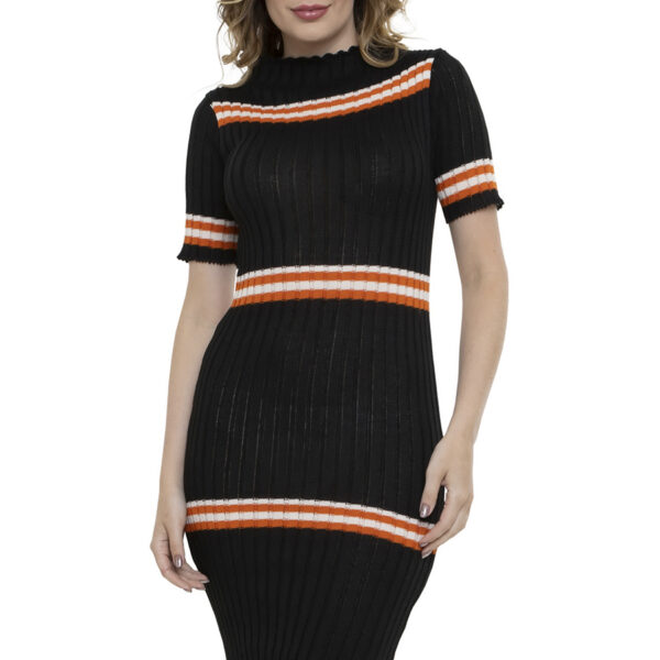 Vestido Midi Tricot Listras Gola Alta [F081]
